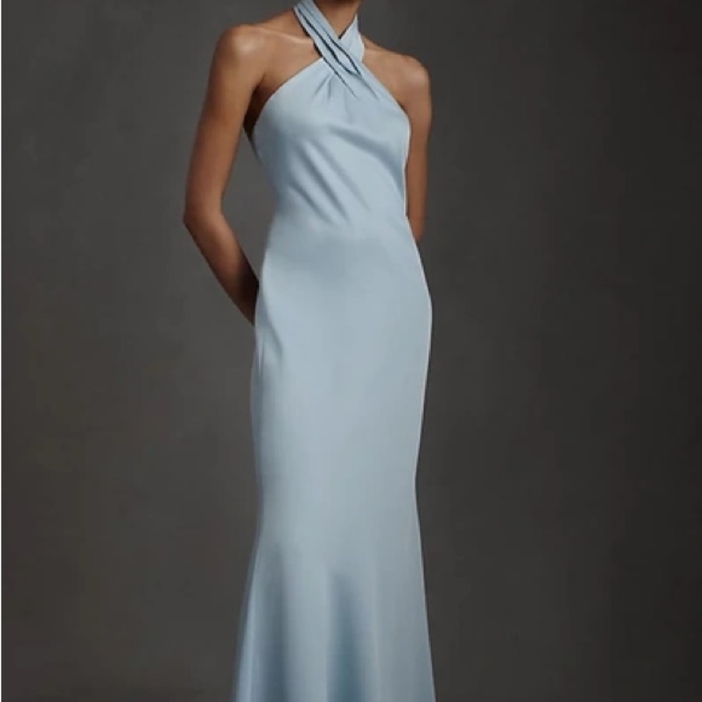 BHLDN Ruby Twist Halter Satin Gown size 4. Light/ Ivey blue bridesmaids gown